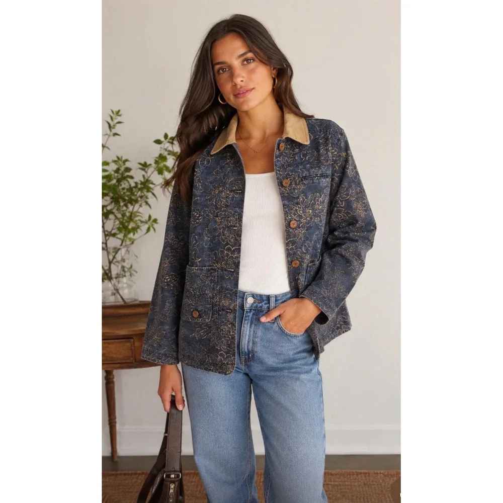 Coldwater Creek Womens PXL Linen Cotton Floral Chore Jacket Navy Tan Barn Coat